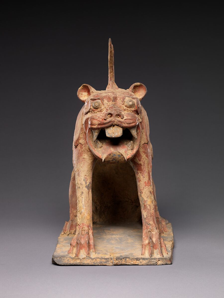 Tomb Guardian (Zhenmushou), Earthenware with pigment, China