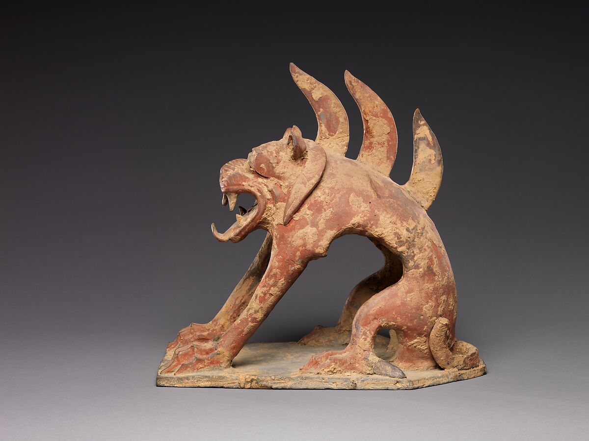 Tomb Guardian (Zhenmushou), Earthenware with pigment, China