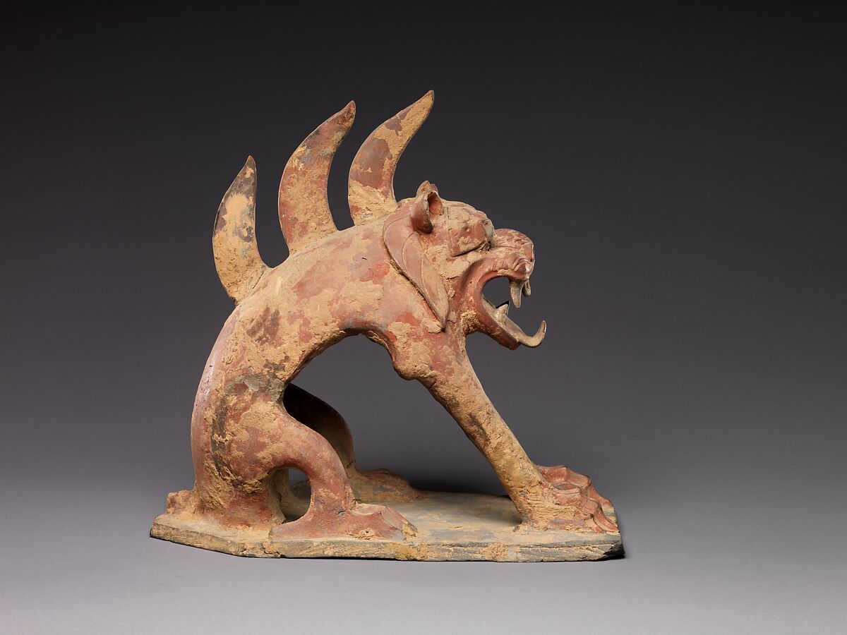 Tomb Guardian (Zhenmushou), Earthenware with pigment, China