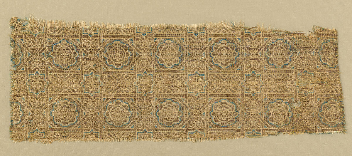 Textile Fragment, Silk, gold wrapped silk, and undyed linen; compound weave 
