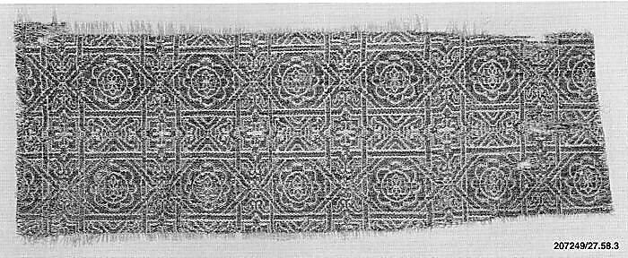 Textile Fragment, Silk, gold wrapped silk, and undyed linen; compound weave