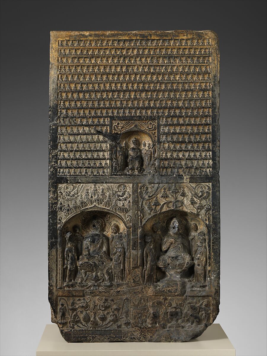 Stele with the Bodhisattvas Avalokiteshvara (Guanyin) and Mahasthamaprapta (Dashizi), Limestone with traces of pigment, China (Henan province)