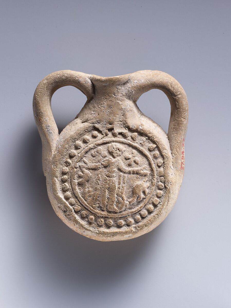 Ampulla (Flask) with Saint Menas, Earthenware; molded 