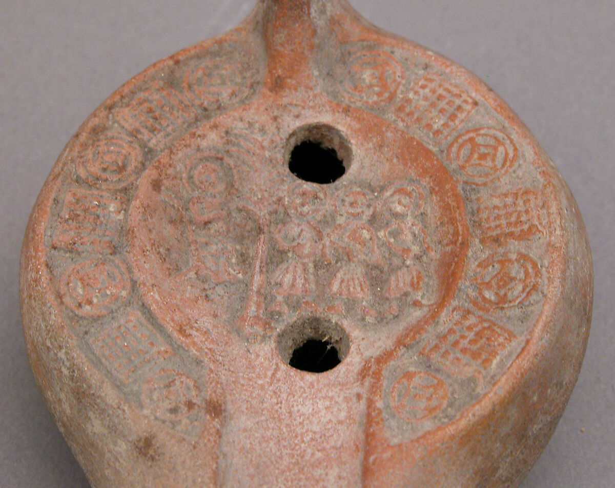 Lamp with the Three Hebrews before Nebuchadnezzar, Earthenware; molded