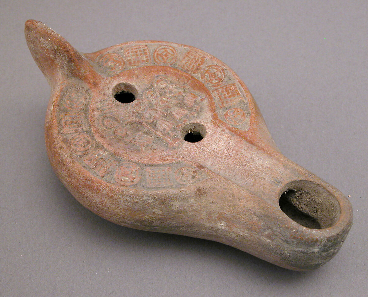 Lamp with the Three Hebrews before Nebuchadnezzar, Earthenware; molded