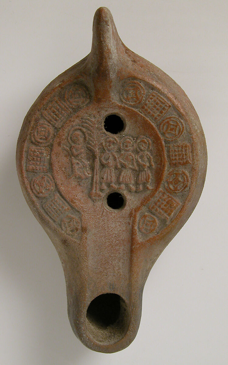 Lamp with the Three Hebrews before Nebuchadnezzar, Earthenware; molded