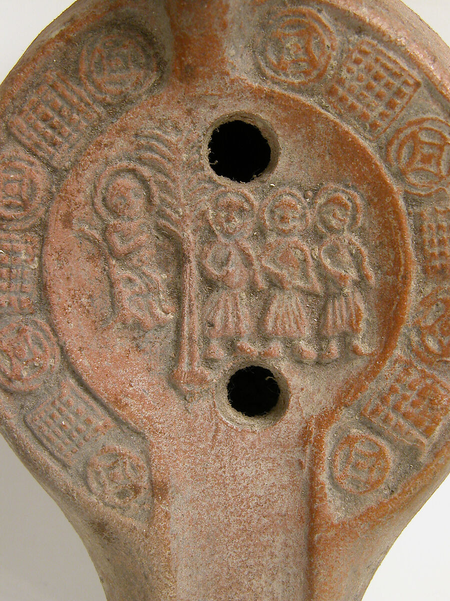Lamp with the Three Hebrews before Nebuchadnezzar, Earthenware; molded