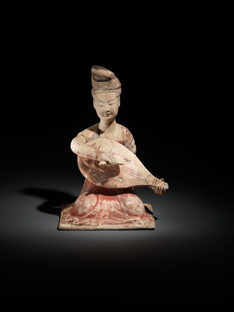 Female musician with lute, Earthenware with pigment, China 