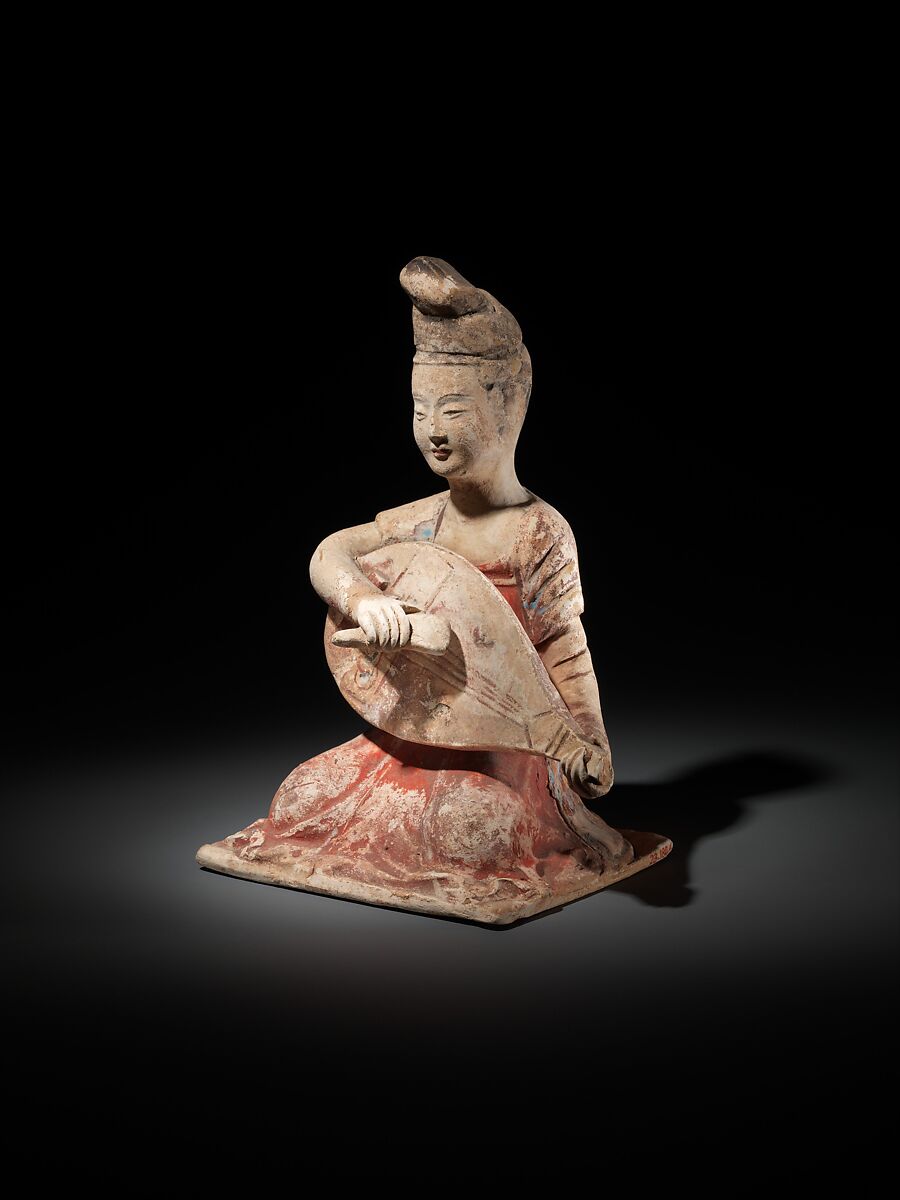 Female musician with lute, Earthenware with pigment, China