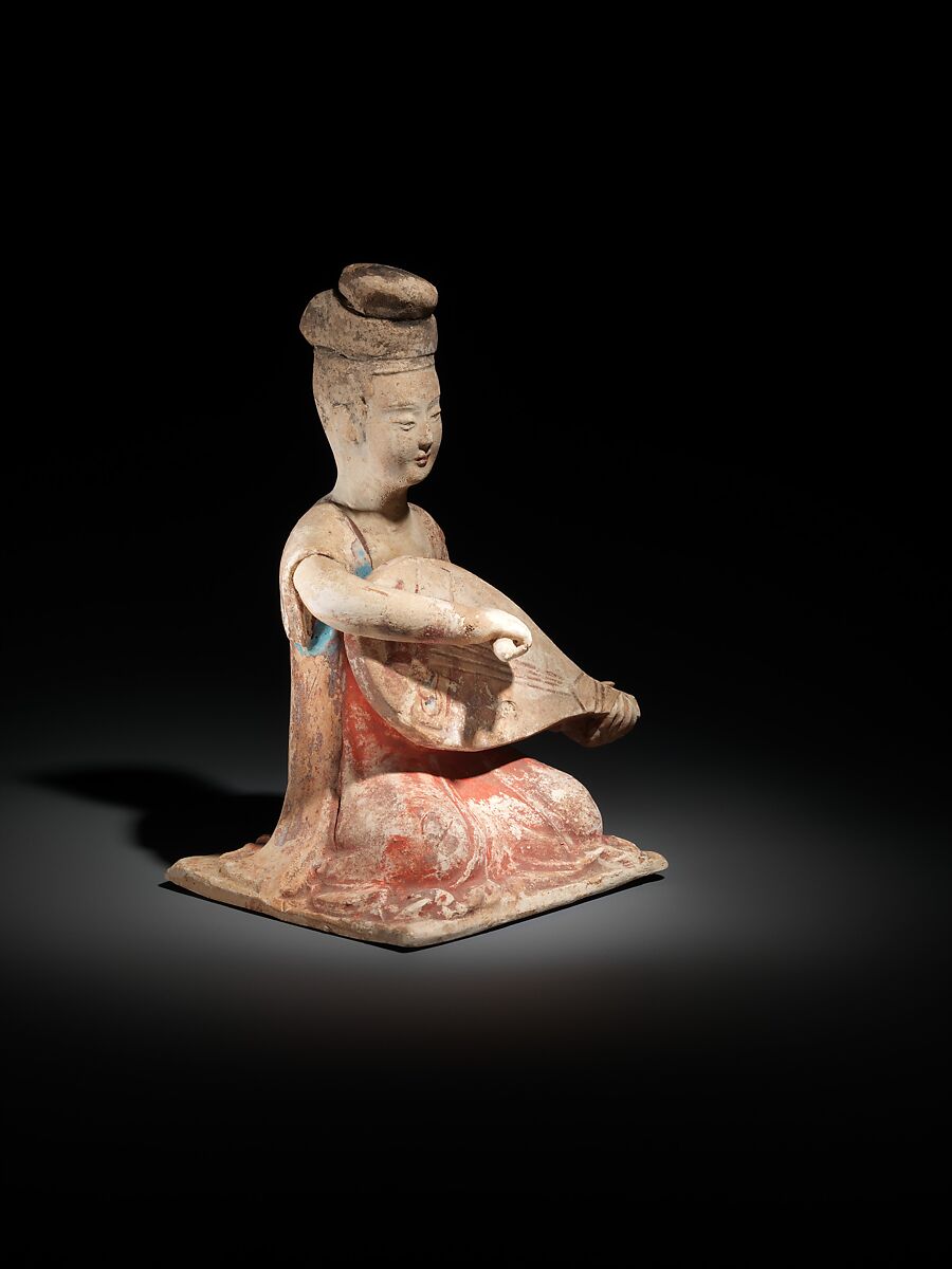 Female musician with lute, Earthenware with pigment, China