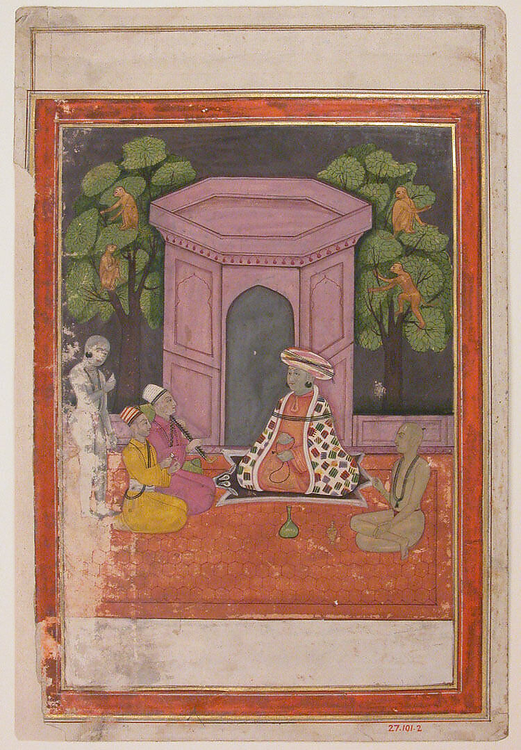 Hindu Saint with Two Disciples and Two Musicians on a Rooftop in the Evening, Opaque watercolor on paper 