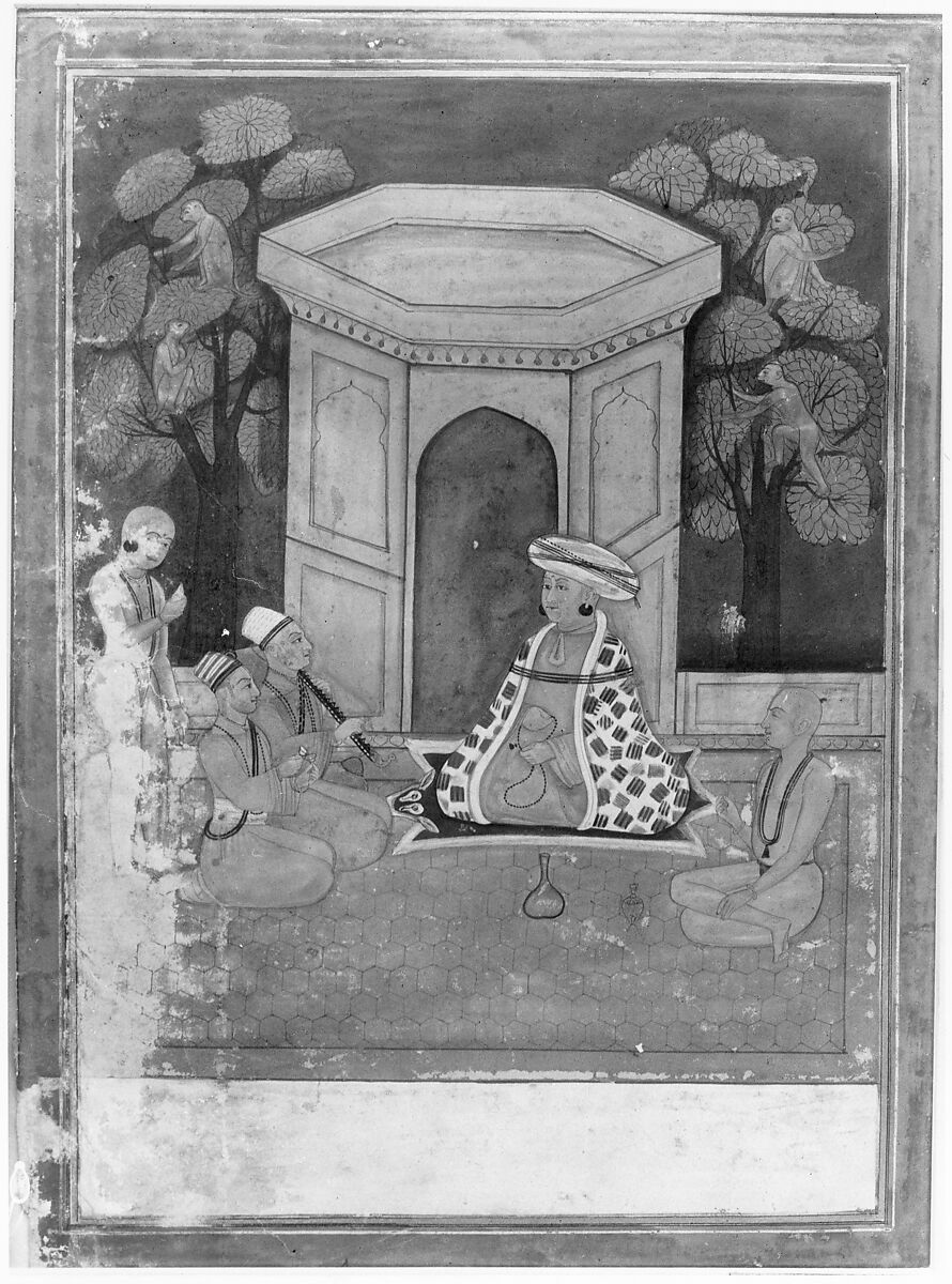 Hindu Saint with Two Disciples and Two Musicians on a Rooftop in the Evening, Opaque watercolor on paper