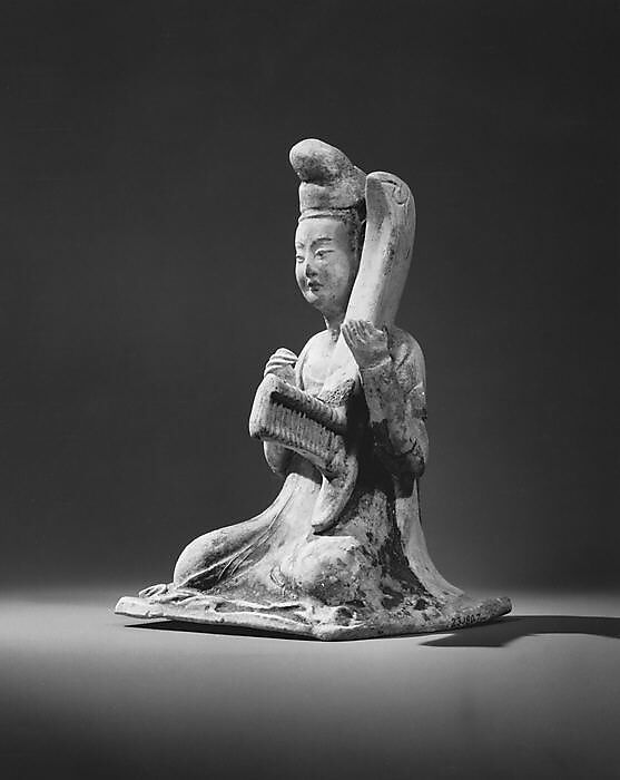 Female musician with harp, Earthenware with pigment, China 
