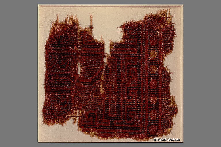 Fragment of a Carpet with Geometric Design, Wool (warp, weft and pile); symmetrically knotted pile