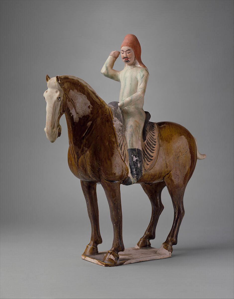 Horse and rider, Earthenware with three-color (sancai) glaze and pigment, China 