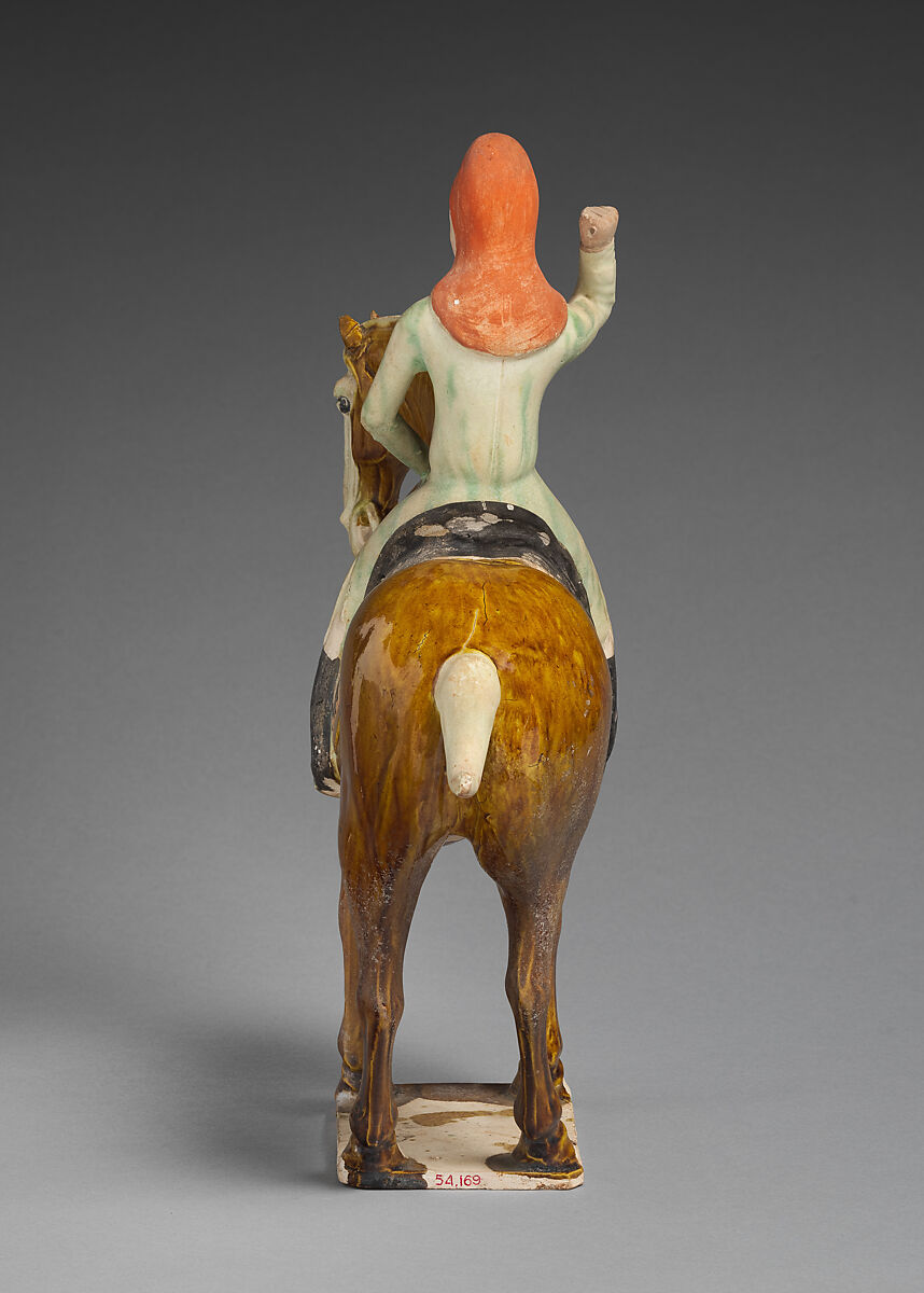 Horse and rider, Earthenware with three-color (sancai) glaze and pigment, China