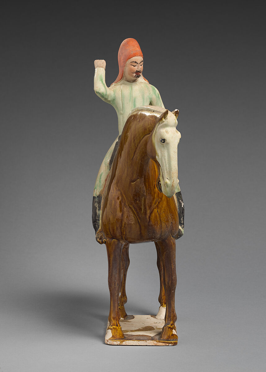 Horse and rider, Earthenware with three-color (sancai) glaze and pigment, China