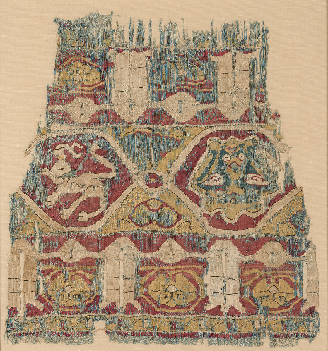 Textile Fragment, Linen and silk; plain weave, tapestry weave