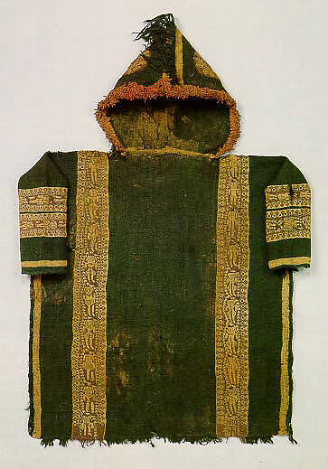 Child's Tunic with Hood, Tapestry weave in purple-colored, red-brown, and undyed wool on plain-weave ground of green wool; fringes in green and red-brown along the perimeter of the hood and lower edges