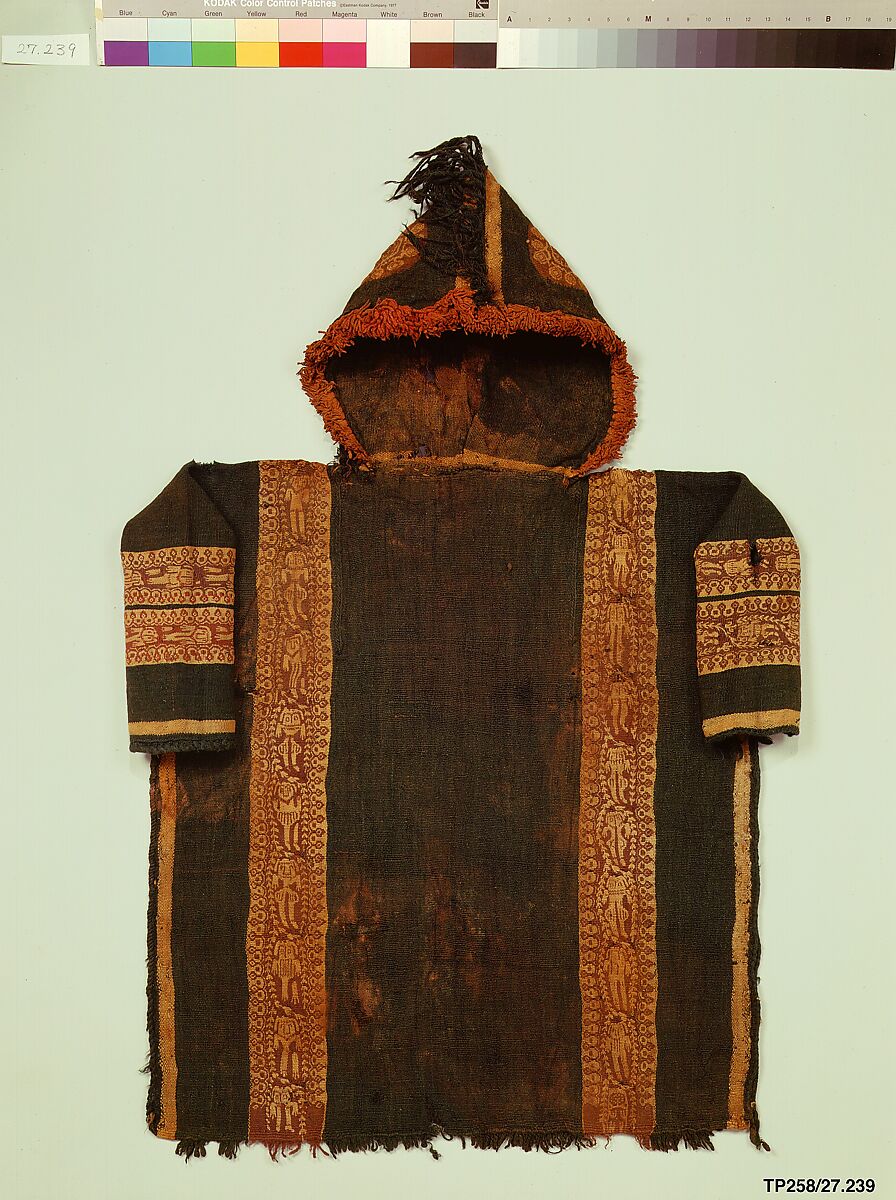 Child's Tunic with Hood, Tapestry weave in purple-colored, red-brown, and undyed wool on plain-weave ground of green wool; fringes in green and red-brown along the perimeter of the hood and lower edges
