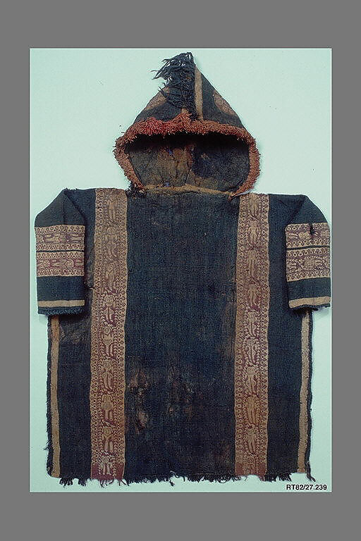 Child's Tunic with Hood, Tapestry weave in purple-colored, red-brown, and undyed wool on plain-weave ground of green wool; fringes in green and red-brown along the perimeter of the hood and lower edges