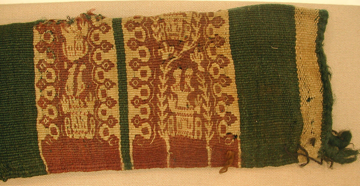 Child's Tunic with Hood, Tapestry weave in purple-colored, red-brown, and undyed wool on plain-weave ground of green wool; fringes in green and red-brown along the perimeter of the hood and lower edges