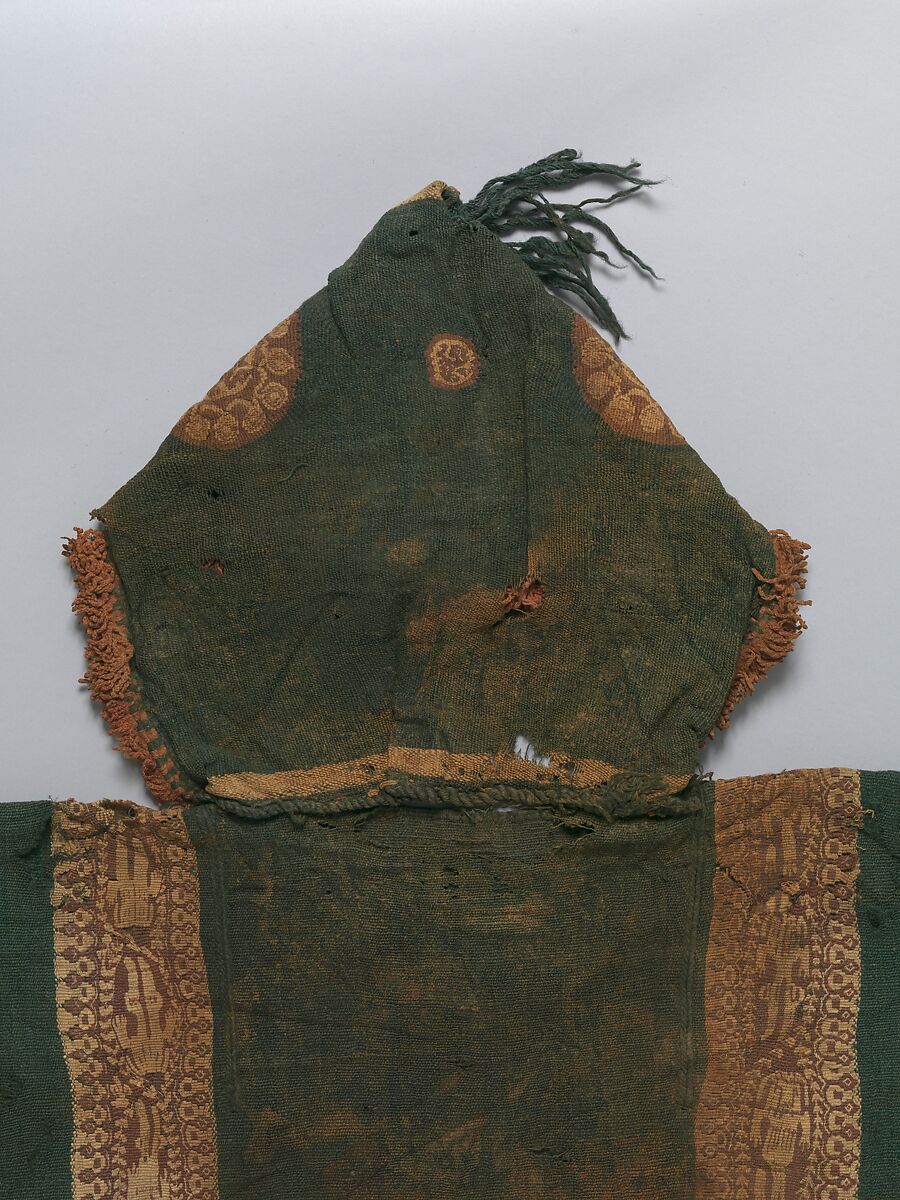 Child's Tunic with Hood, Tapestry weave in purple-colored, red-brown, and undyed wool on plain-weave ground of green wool; fringes in green and red-brown along the perimeter of the hood and lower edges