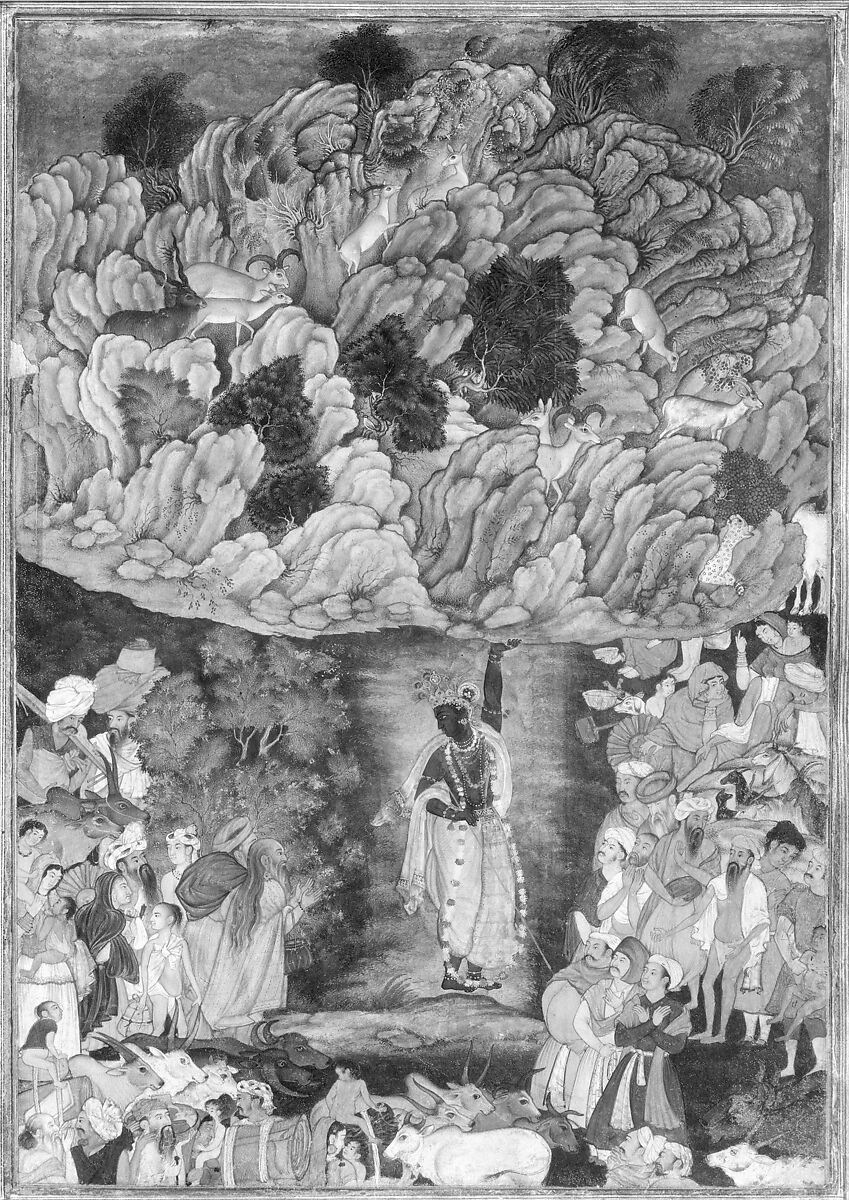 "Krishna Holds Up Mount Govardhan to Shelter the Villagers of Braj", Folio from a Harivamsa (The Legend of Hari (Krishna)), Ink, opaque watercolor, and gold on paper