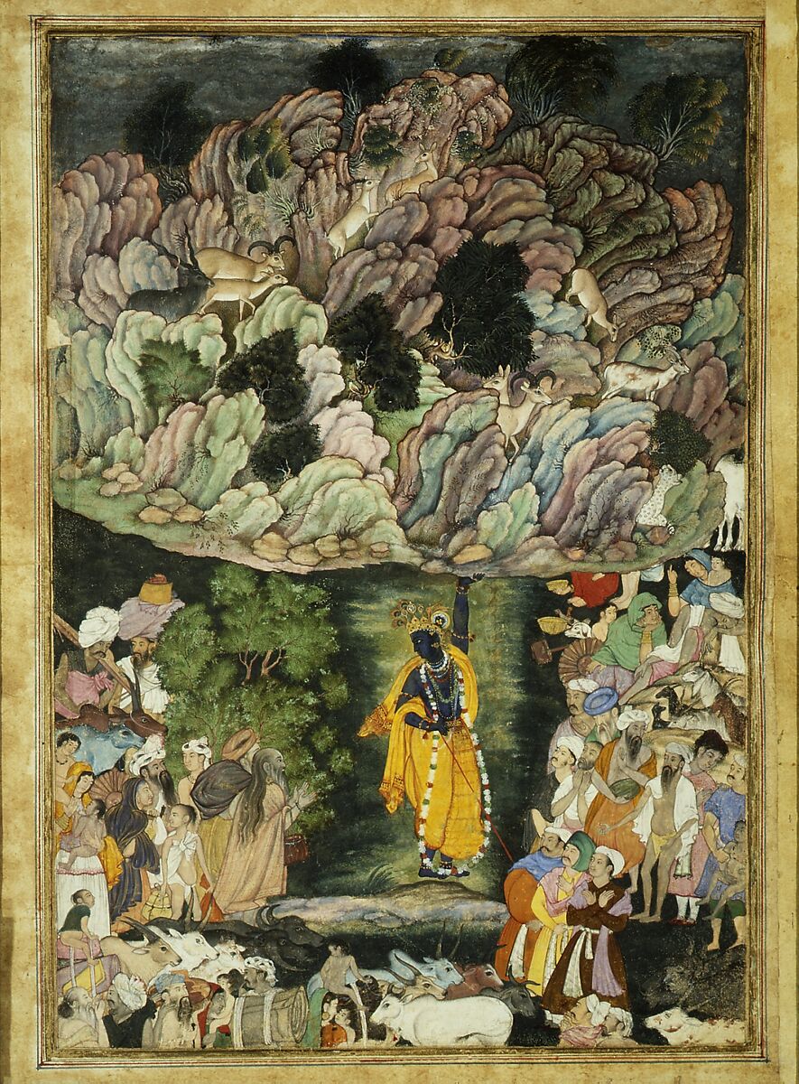 "Krishna Holds Up Mount Govardhan to Shelter the Villagers of Braj", Folio from a Harivamsa (The Legend of Hari (Krishna)), Ink, opaque watercolor, and gold on paper