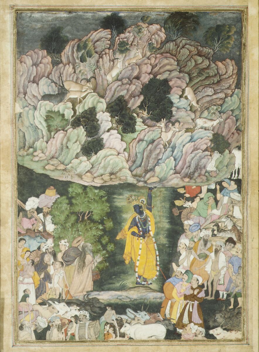 "Krishna Holds Up Mount Govardhan to Shelter the Villagers of Braj", Folio from a Harivamsa (The Legend of Hari (Krishna)), Ink, opaque watercolor, and gold on paper