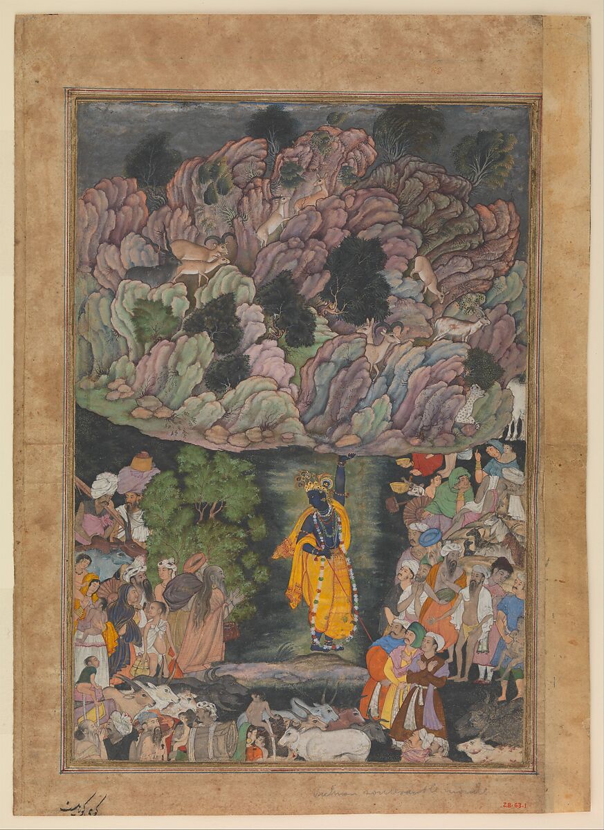 "Krishna Holds Up Mount Govardhan to Shelter the Villagers of Braj", Folio from a Harivamsa (The Legend of Hari (Krishna)), Ink, opaque watercolor, and gold on paper 