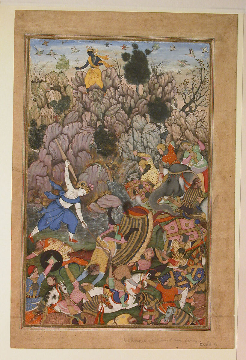 "Balarama and Krishna Fighting the Enemy", Folio from a Harivamsa (The Legend of Hari (Krishna)), Ink, opaque watercolor, and gold on paper