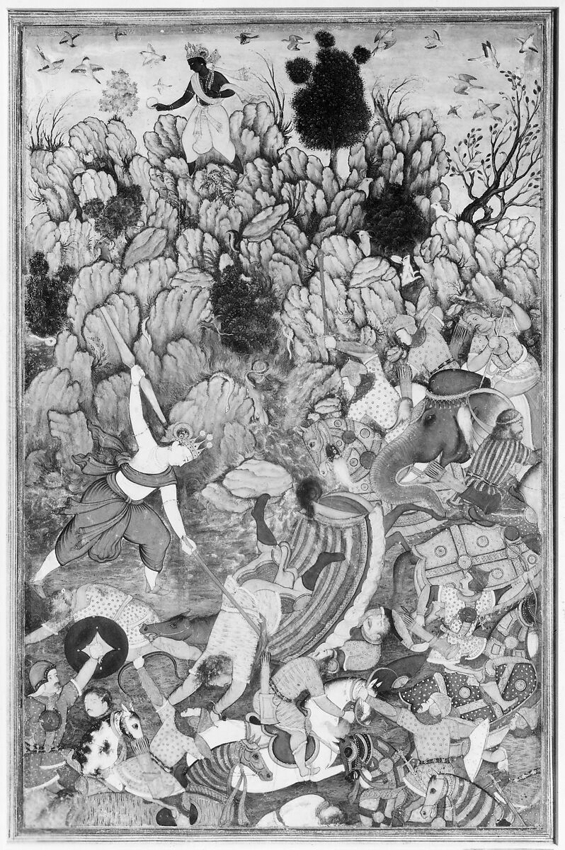 "Balarama and Krishna Fighting the Enemy", Folio from a Harivamsa (The Legend of Hari (Krishna)), Ink, opaque watercolor, and gold on paper