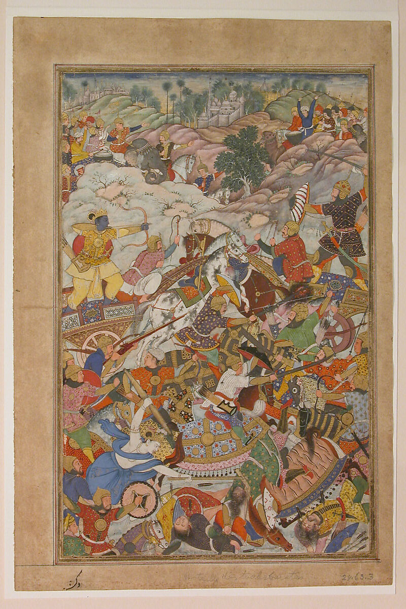 "Krishna and Balarma Fighting the Enemy", Folio from a Harivamsa (The Legend of Hari (Krishna)), Ink, opaque watercolor, and gold on paper