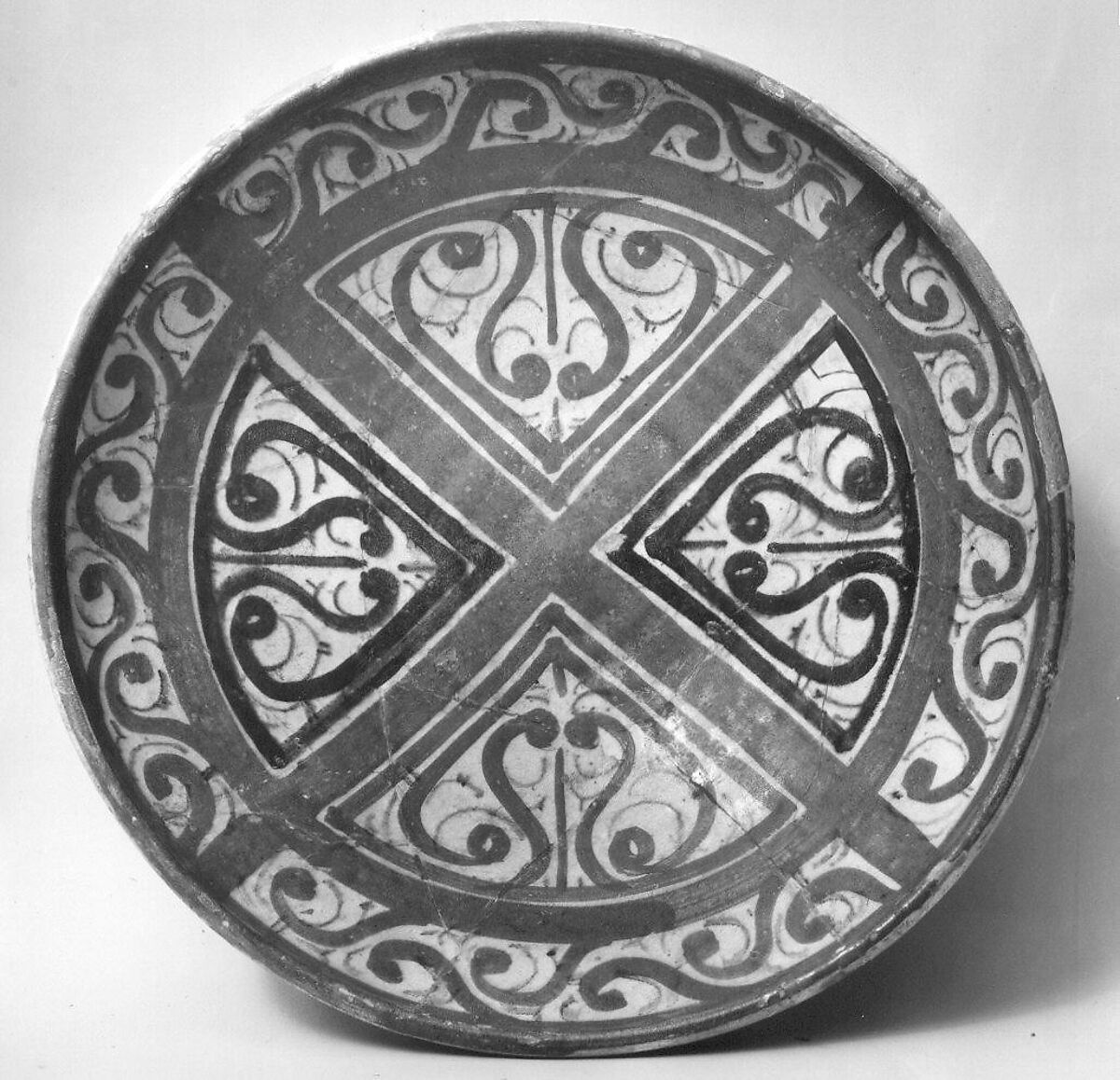 Bowl Decorated in the 'Beveled Style', Earthenware; white slip with polychrome slip decoration under transparent glaze