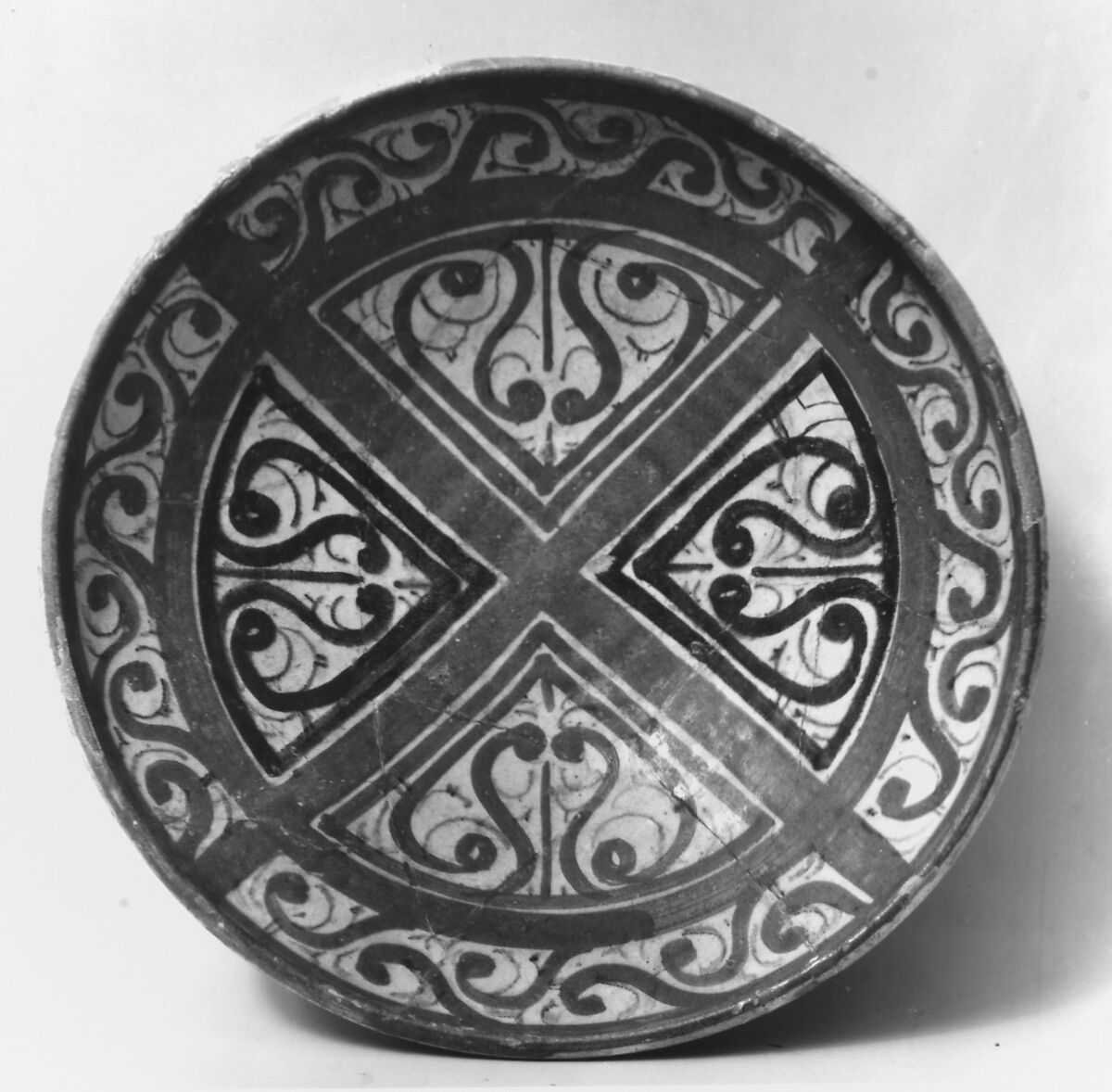 Bowl Decorated in the 'Beveled Style', Earthenware; white slip with polychrome slip decoration under transparent glaze