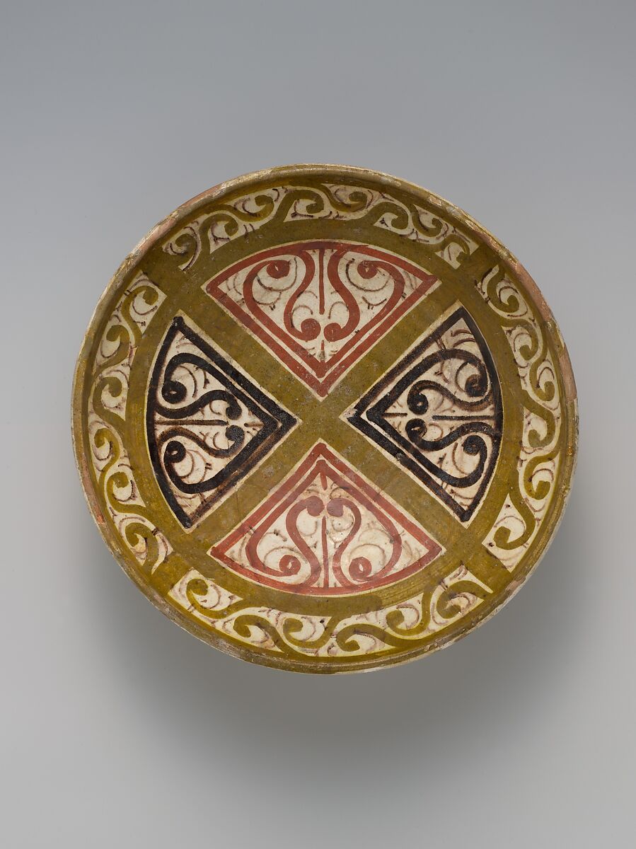 Bowl Decorated in the 'Beveled Style', Earthenware; white slip with polychrome slip decoration under transparent glaze 