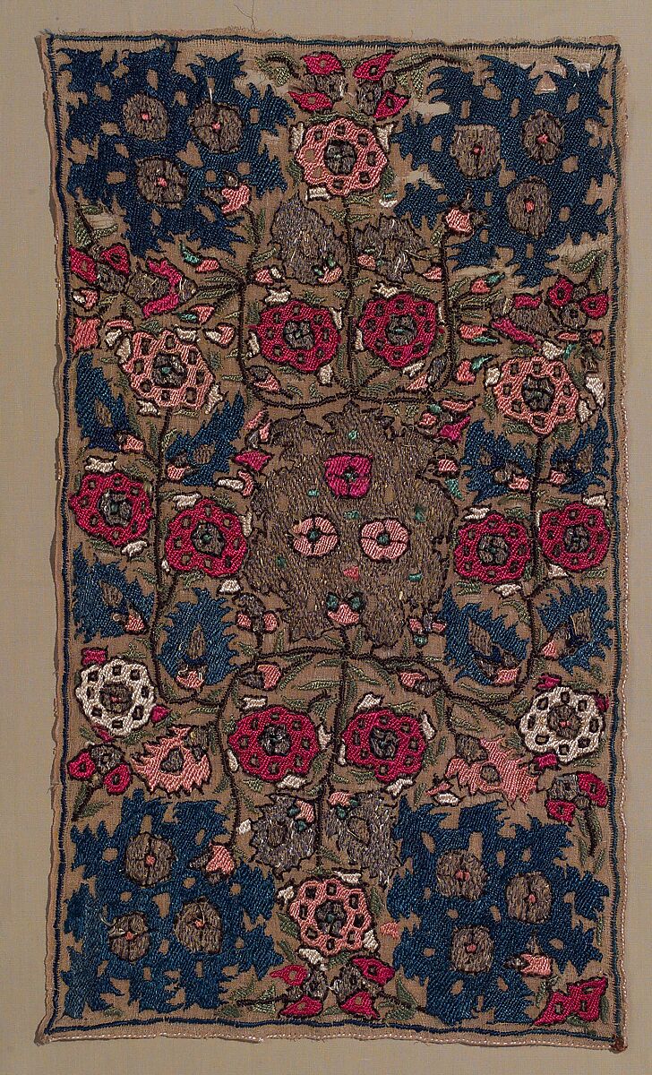 Panel, Linen, silk, metal wrapped thread; embroidered 