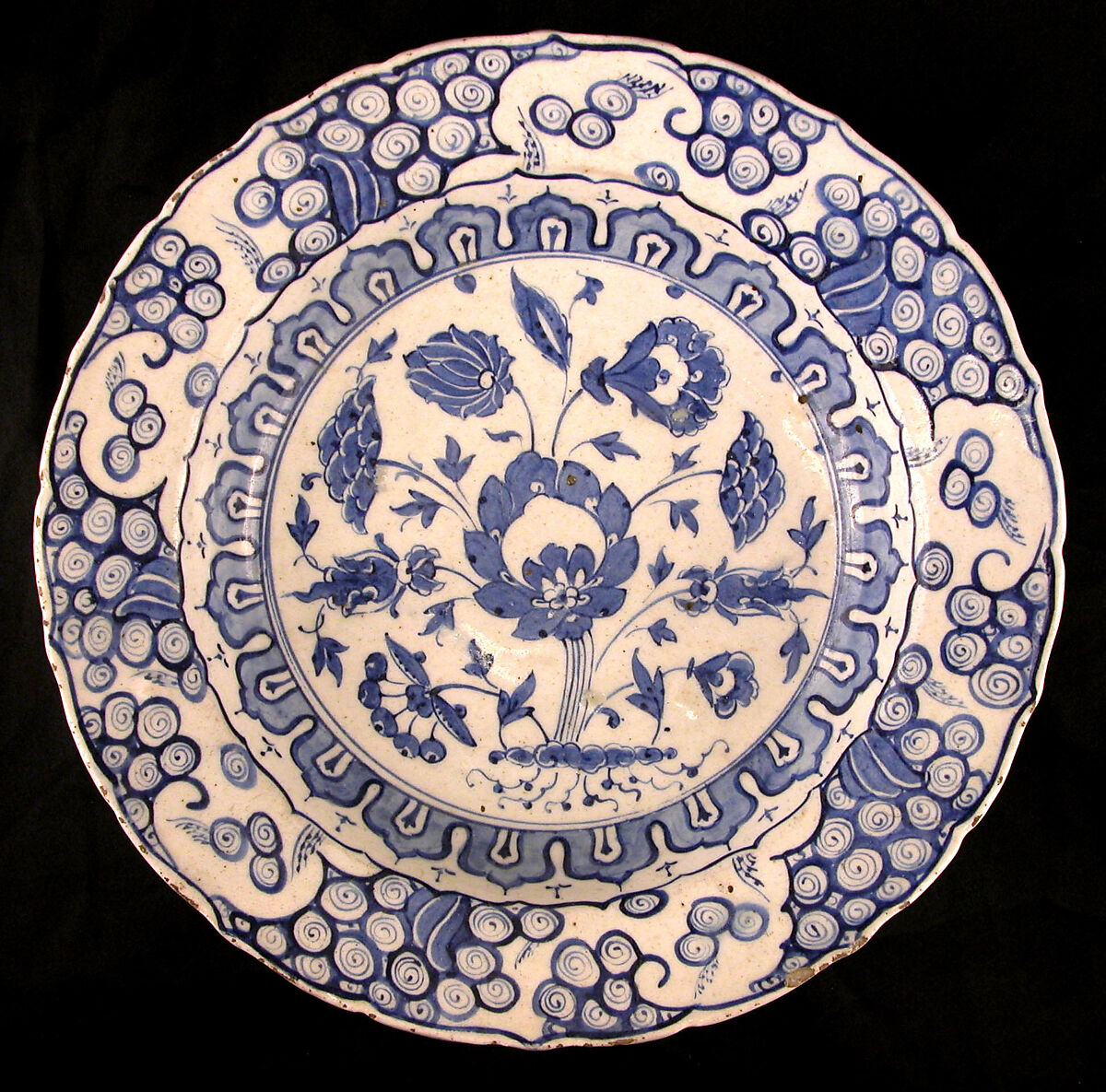 Footed Bowl with Lotuses, Earthenware; tin-enameled