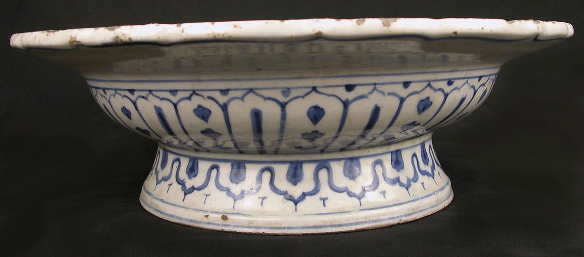Footed Bowl with Lotuses, Earthenware; tin-enameled