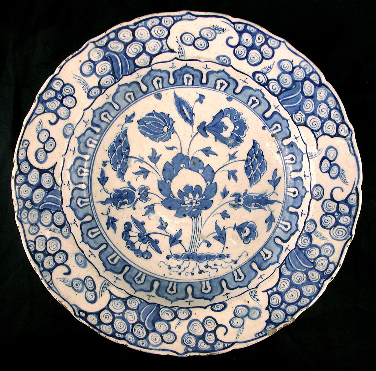 Footed Bowl with Lotuses, Earthenware; tin-enameled 