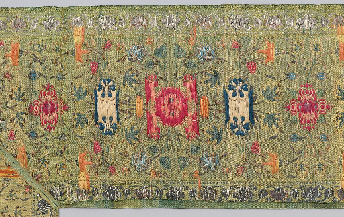 Border of a Luxurious Floor Covering, Silk, silver and gold wrapped thread; lampas