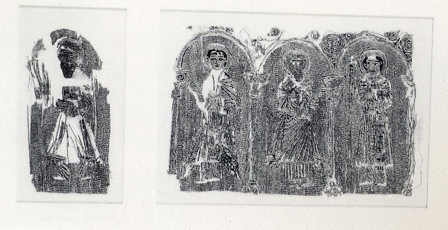 Embroidered Textile with Three Saints, Cotton; embroidered in gold wrapped thread and silk