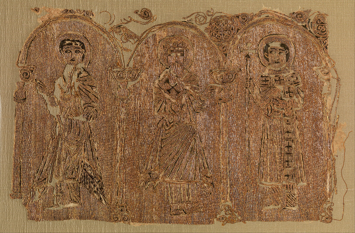 Embroidered Textile with Three Saints
, Cotton; embroidered in gold wrapped thread and silk