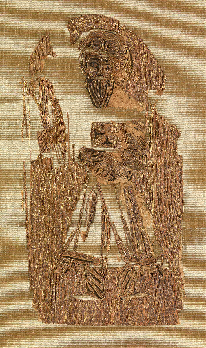 Embroidered Textile with Three Saints, Cotton; embroidered in gold wrapped thread and silk