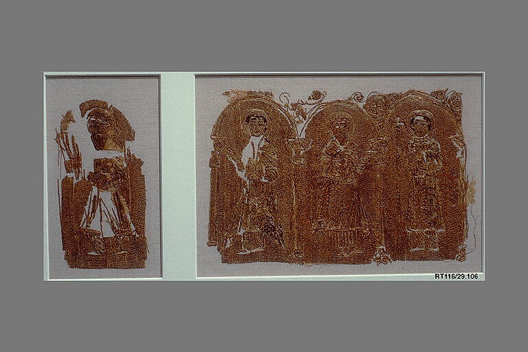 Embroidered Textile with Three Saints, Cotton; embroidered in gold wrapped thread and silk