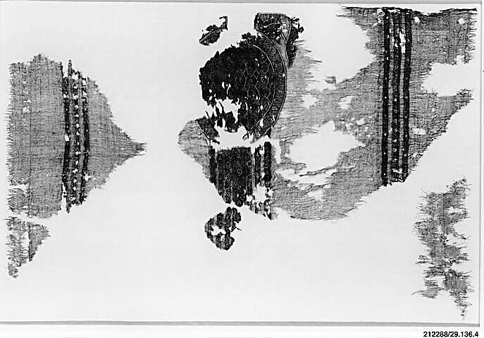 Portion of a Garment with Geometric Patterns, Linen, silk, metal wrapped thread; plain weave, tapestry weave