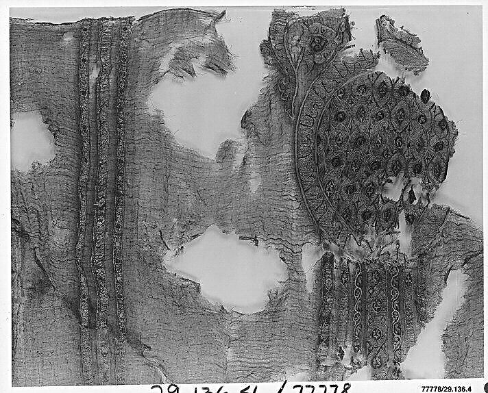 Portion of a Garment with Geometric Patterns, Linen, silk, metal wrapped thread; plain weave, tapestry weave