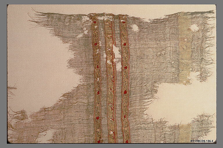 Portion of a Garment with Geometric Patterns, Linen, silk, metal wrapped thread; plain weave, tapestry weave