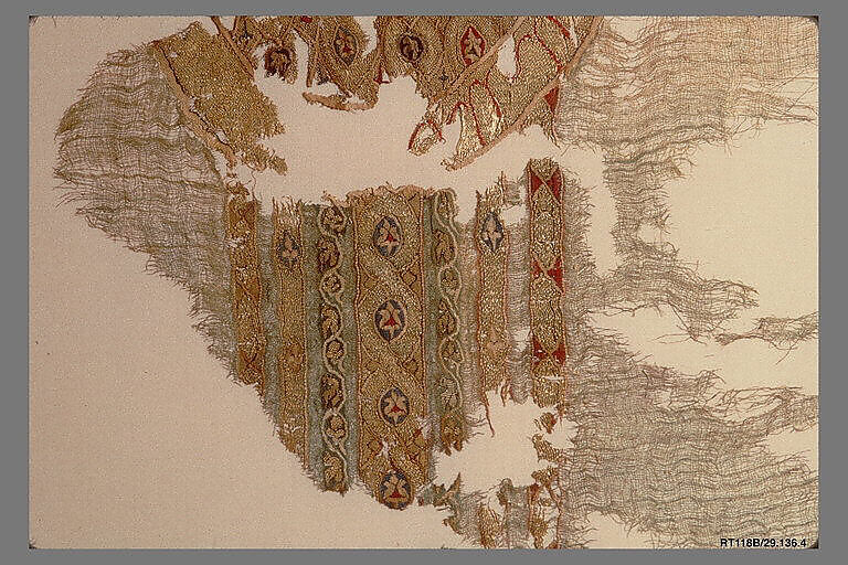 Portion of a Garment with Geometric Patterns, Linen, silk, metal wrapped thread; plain weave, tapestry weave